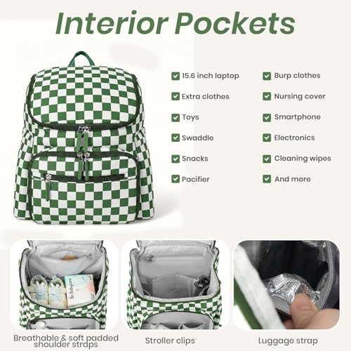 FHELAD Checkered Diaper Bag Backpack with Changing Pad & Stroller Clips, Large Travel Baby Diaper Bag for Newborn Moms, Baby Shower Gifts (Dark Green) - color: Dark Green