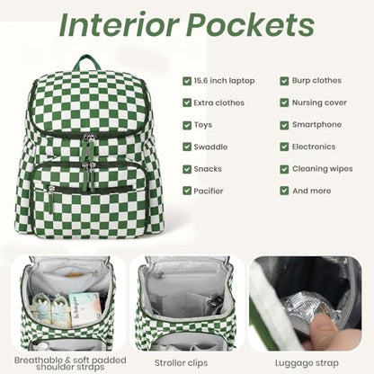 FHELAD Checkered Diaper Bag Backpack with Changing Pad & Stroller Clips, Large Travel Baby Diaper Bag for Newborn Moms, Baby Shower Gifts (Dark Green) - color: Dark Green