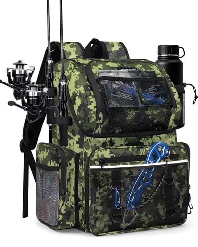 Fishing Backpack, Large Water Resistant Tackle Bag Storage Fishing Gear and Equipment, Built-in Cooler Compartment Green - color: Green Camo