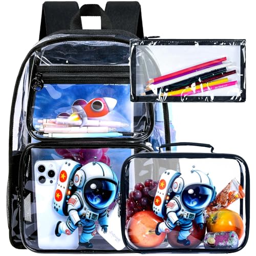 UFNDC 3PCS Clear Backpack for Girls and Boys, Unicorn Cat Transparent Bookbag, See Through School Bag for Kids Elementary - color: Boys Astronaut Clear Backpack