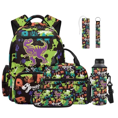 Talayituse Dinosaur Paint Splatter Paw Print Back-to-School 6-Piece Boys Kids Backpack Set – 17.7 Inch Water Resistant Backpack, Lunch Bag, Pencil Case, Water Bottle Holder, Bookmark & Keychain - color: Dinosaur Paint Splatter Paw