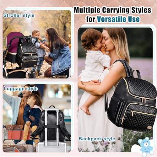 Weitars Diaper Bag Backpack Leather Baby Diaper Bag with Changing Pad Travel Diaper Backpack,Baby Bag for Mom,Stroller Straps,5 Insulated Pockets (Black Leather) - color: Black Leather