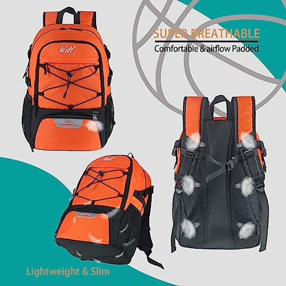 WOLT Basketball Backpack Large Sports Bag with Separate Ball Holder & Shoes Compartment, Best for Basketball, Soccer,Gym - color: Orange