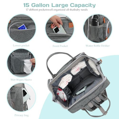 Diaper Bag Backpack for New Parents, Large Capacity Baby Travel Bag with Bottle Holders, Multiple Compartments (Grey) - color: Grey
