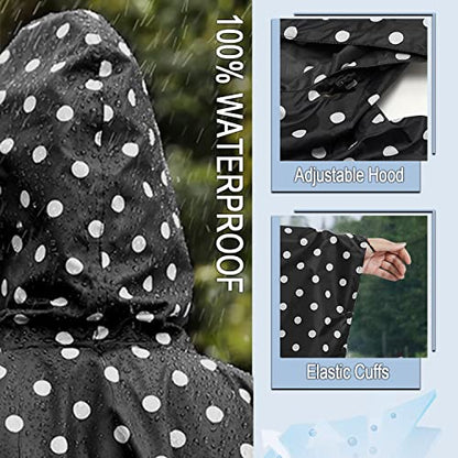 Fashion Hooded Rain Poncho Waterproof Raincoat Jacket with pocket for Women/Men/Adult - color: Black Dot