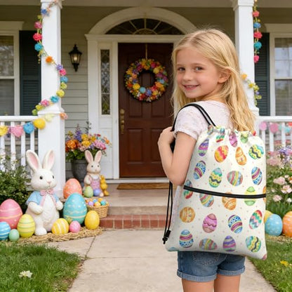 Easter Eggs Drawstring Bag, Waterproof Drawstring Bckpack for Gym Sports Easter Party Gift, Women Men Sackpack Bag with Front Zipper Pocket and Inside Zipper Pocket - color: Easter Eggs