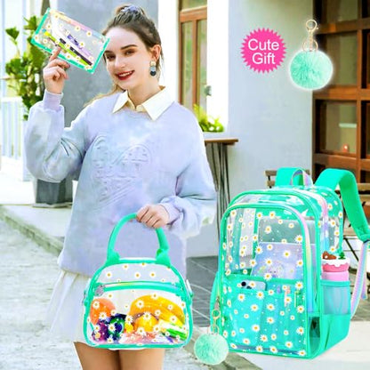 gxtvo 3PCS Clear Bookbag Heavy-Duty Set for Women & Teen Girls, 17" Green Transparent Backpack with Rainbow Strap, Cute Chrysanthemum See Through School Bag - color: Green Chrysanthemum Clear Backpack Set