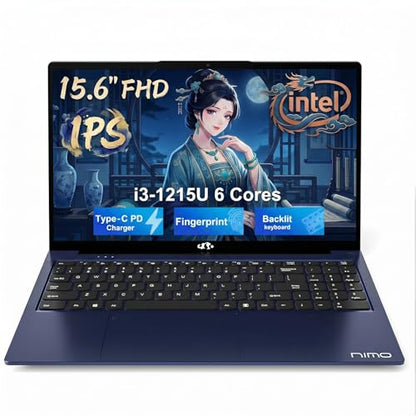 NIMO Laptop 15.6", Intel Core i3-1215U (Beats i5-1135G7 Class), 16GB RAM, 256GB SSD, Windows 11 Home, Wi-Fi 6, Backlit Keyboard, Fingerprint, USB-C 65W Fast Charge, Bluetooth 5.2, 180° View FHD IPS - color: Blue, style: 16GB RAM | 256GB SSD