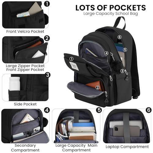 YAMTION Backpack for School,Laptop Back Pack for Girls with Multiple Pockets,Travel Backpack for Women,Teenage Bookbag with a Pencil Pouch for High School College（Black ）
