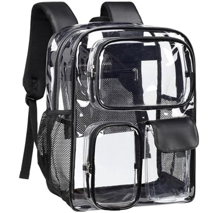 PACKISM Clear Backpack for School - 17 inch Large Heavy Duty Bookbag, Reinforced See Through PVC Transparent Backpack - color: Pu Straps Black 3 Pockets, style: Daypack Backpacks