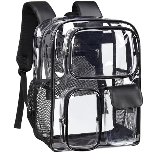 PACKISM Clear Backpack for School - 17 inch Large Heavy Duty Bookbag, Reinforced See Through PVC Transparent Backpack - color: Pu Straps Black 3 Pockets, style: Daypack Backpacks