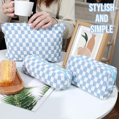 3 Pcs Makeup Bag Cosmetic Bag Set for Girls Women Checkered Travel Organizer Bathroom Toiletry Pouch Large Capacity Storage Bag (Blue-White) - color: Blue-White