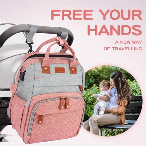 JOYCE Diaper Bag Backpack with Changing Pad, Water-Resistant, Pinkish Gray | Portable changinag pad, insulated bottle pockets, stroller straps, pacifier case, Multi-Compartment storage - color: Pinkish Gray