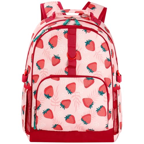 Choco Mocha Kids Backpack for Girls Strawberry Backpack Kids Elementary School Backpack for Girls Ages 6-8 Kid Bookbag 17 Inch with Chest Strap, Pink - color: Strawberry-pink