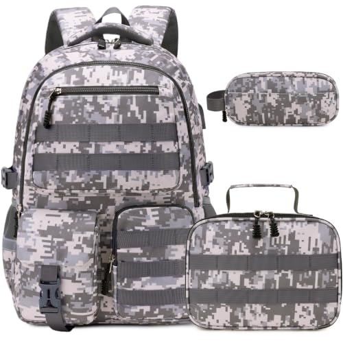 DIGOBAY Camo Backpack for Boys, Tactical Boys Backpack for School, Kids Backpack With Lunch Box Pencil Case USB Charging Port Military Army Book Bags for Boy Teens Kids Elementary Middle High School - color: Yellow Grey Camo