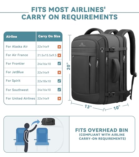 Travel Backpack, 50L Expandable Extra Large Laptop Backpack, Carry On Backpack Airline Approved Water Resistant Business Suitcase Daypack Bag Fits 17 Inch Laptops, Travel Gifts for Men Women, Black - color: Black, size: 17.3 Inch (20''x13''x10'')
