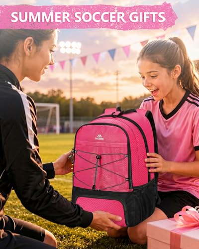 MATEIN Girls Soccer Backpack, Large Basketball Bag with Ball Holder & Shoe Compartment for Tournament & Game Day, Lightweight Youth Sports Bag with Fence Hook Fits 15.6 Inch Laptop, Soccer Team Gifts - color: Pink