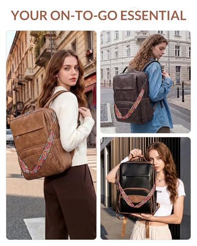 SYTRAH Leather Laptop Backpack, 15.6 Inch Business Computer Bag, Designer College Backpack Travel Backpack with Colorful Shoulder Bag Strap Camel - color: Camel