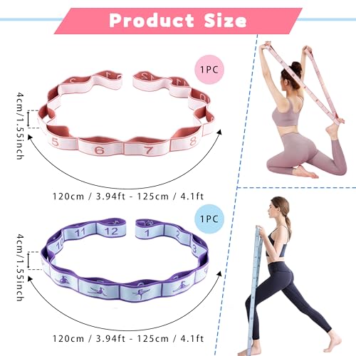 2PCS Elastic Yoga Stretching Strap with 12 Loops Stretch Resistance Exercise Bands for Yoga,Pilates,Dance,Rhythmic Gymnastics,Physical Therapy,Ballet Couple Style - color: Pink, Blue