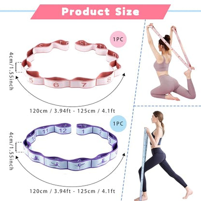 2PCS Elastic Yoga Stretching Strap with 12 Loops Stretch Resistance Exercise Bands for Yoga,Pilates,Dance,Rhythmic Gymnastics,Physical Therapy,Ballet Couple Style - color: Pink, Blue