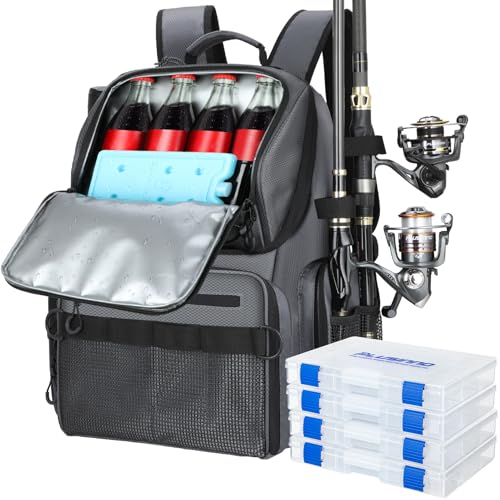 PLUSINNO Cooler Fishing Backpack with Rod Holders 45L Large Water-resistant Fishing Tackle bag Store Fishing Gear Fishing Gifts for Men Father - color: Grey jacquard with box