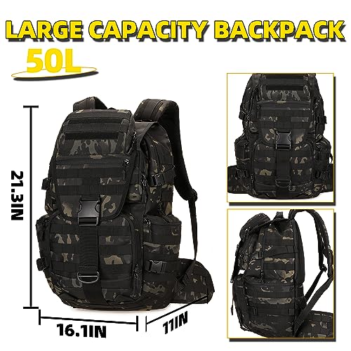 50L Military Tactical Backpack Hiking Waterproof Backpack Large Military Pack 3 Day Assault Pack Molle Bag Rucksack - color: Blackcamo
