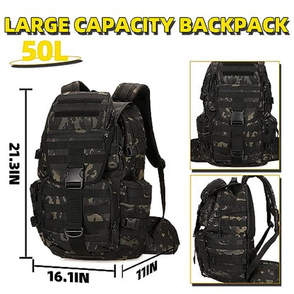 50L Military Tactical Backpack Hiking Waterproof Backpack Large Military Pack 3 Day Assault Pack Molle Bag Rucksack - color: Blackcamo