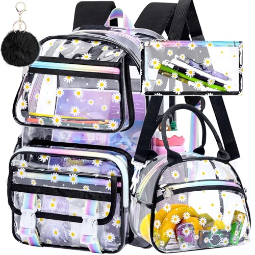 KLFVB See Through Backpack Heavy Duty, 3PCS Girls Clear School Bag Set, Cute Transparent Bookbag for Women - Chrysanthemum Black - color: Chrysanthemum Black Clear Backpack