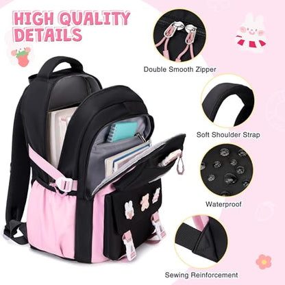 DIGOBAY 3PCS Girls Backpack for School, Kids Backpack for Girls with Lunch Box Pencil Case Set for Teen Girl Elementary Primary Middle High College School Bookbag with Cute Pins (Black-Pink) - color: Black-pink