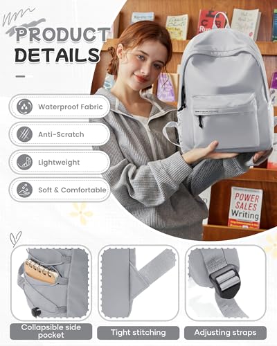 BJLFS Light Grey Cute School Backpack with Laptop Compartment Small Travel Laptop Backpack for Women Men Waterproof College Backpack Simple School Bag for Teens Girls Boys - color: Light Grey