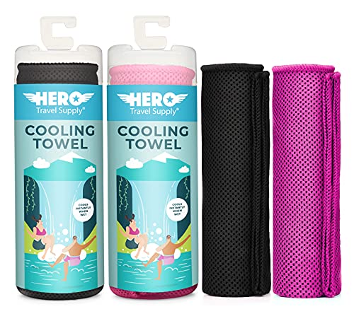Hero Cooling Towel for Travel, Hiking, Sports, Yoga (2-Pack) Ultra Soft Microfiber 40" x 12" (Black/Pink) - color: Black/Pink