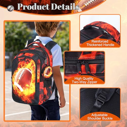 Boys American Football Backpack with Lunch Box, Kids Backpack Set for School, 17inch Bookbag with Pencil Case Coin Purse Red - color: Football