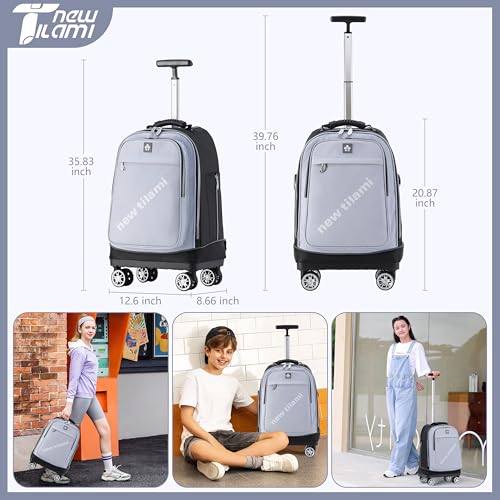 NEW TILAMI 19 Inch Rolling Backpack 360°rotating Universal Wheel, Large Organizer Compartments, Adjustable Handle, Carry on for School Students Business Travel, Soft Grey - color: Soft Grey