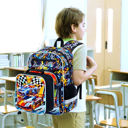 HPJGD 3PCS Bookbag for Boys, 16" Race Car Preschool Backpack Set with Clip-On Lunch Box, Kids Water-Resistant School Bag for Elementary - Thrill Racing - color: Uv Printing Race Car Clip-on Backpack