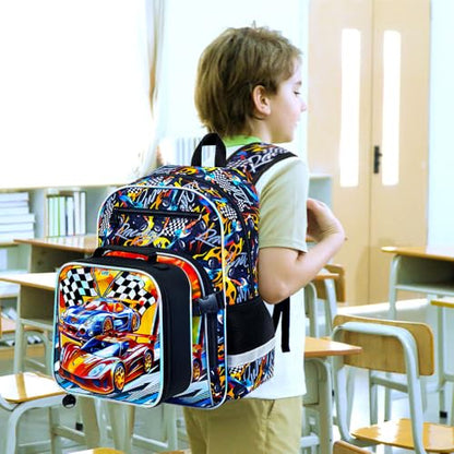 HPJGD 3PCS Bookbag for Boys, 16" Race Car Preschool Backpack Set with Clip-On Lunch Box, Kids Water-Resistant School Bag for Elementary - Thrill Racing - color: Uv Printing Race Car Clip-on Backpack