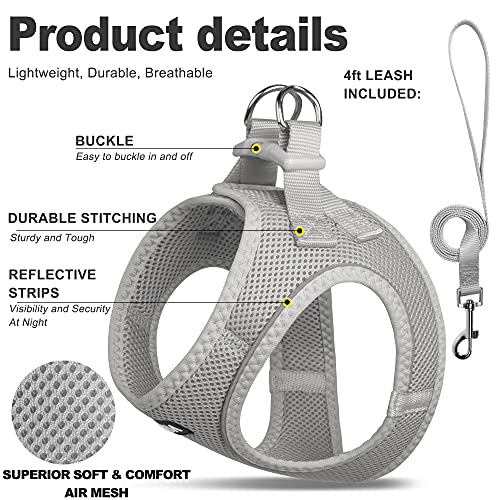 Fida Comfy Dog Harness with Leash, Cat Vest Harness Escape Proof, Breathable Lightweight Soft Mesh, Adjustable Reflective Step-in Harness for Puppy Toy Breeds & Extra-Small Pet (XXS, Grey) - color: Light Gray, size: XXS (Neck:11.4"-12.2"; Girth:12.6"-14.2