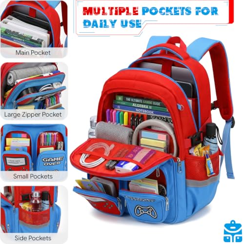 Boys Backpack, Luminous Gamer Backpack for Boys with Lunch Box,Pencil Case and Coin Puese,Kids Schoolbag Bookbag for Teen Boy Elementary Middle High School Travel(Red-Blue) - color: Red-blue