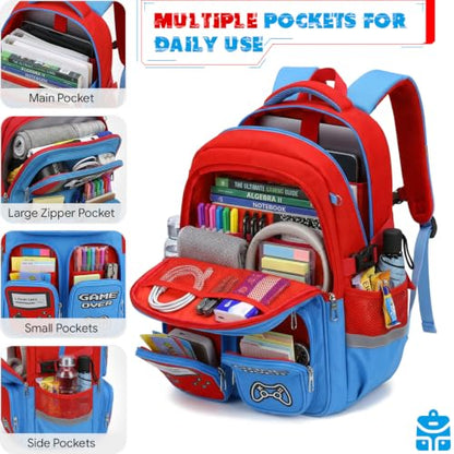 Boys Backpack, Luminous Gamer Backpack for Boys with Lunch Box,Pencil Case and Coin Puese,Kids Schoolbag Bookbag for Teen Boy Elementary Middle High School Travel(Red-Blue) - color: Red-blue