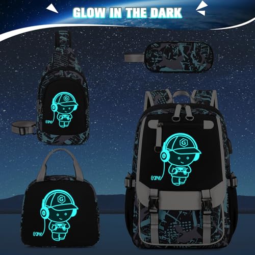 Bevalsa Backpack for Boys, Cool Luminous Boys Backpack with Sling Bag, Lunch Box & Pen Case, School Bags for Kids Children Teens Elementary Middle Schools, Bookbag Glow In The Dark (Green) - color: Green