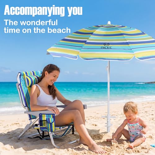 Nice C Beach Chair with Umbrella, Backpack Stripe Beach Chair for Adults, Sand Chair, High Back Lake Chairs, Sillas De Playa with Cooler, Cup Holder & Heavy Duty (Set of 1)