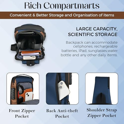 Unisex Anti-Theft Sling Bag with USB Port, Water-Resistant Crossbody Chest Backpack for Travel & Work - color: Blue & Golden