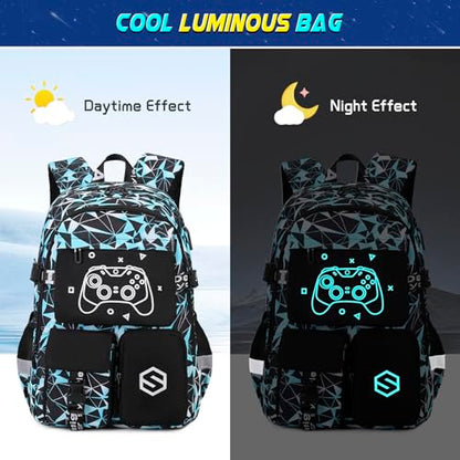 Scothen Boys Backpack, Cool Luminous School Backpack with Lunch Bag Pencil Case, Kids Backpack Kindergarten Elementary Middle School Book Bags for Teen Boys Children with USB Charging Port - color: Blue Graffiti
