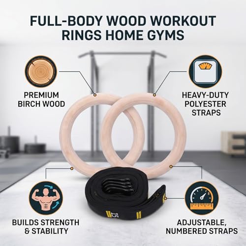 POCREATION Gymnastics Rings Double Circle Wood Rings with Polyester Straps for Comprehensive Home Gym Workouts