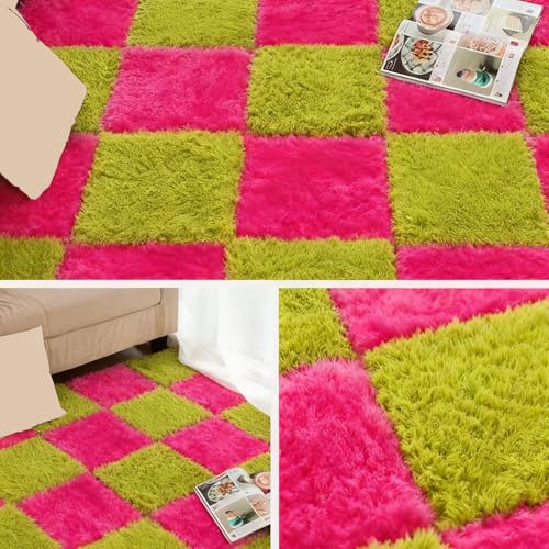 Thickened Plush Foam Interlocking Floor Carpet Mat,24 Piece 12x12in Fluffy Square Puzzle Foam Carpet Tiles with Edgings,Soft Anti-Slip Shaggy Area Rug Playmat(Color:Rose red+Green) - color: Rose Red+green