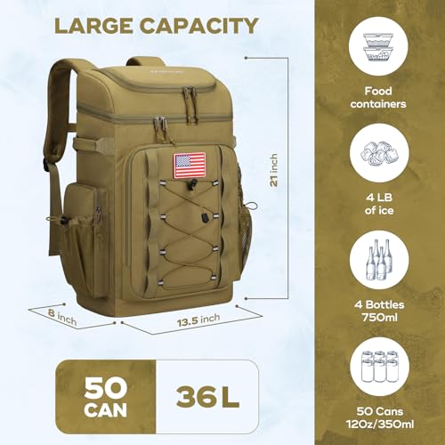 Maelstrom 35/50 Can Insulated Backpack Cooler, Leakproof Soft Lunch Ice Bag - color: Khaki, size: 50 Can