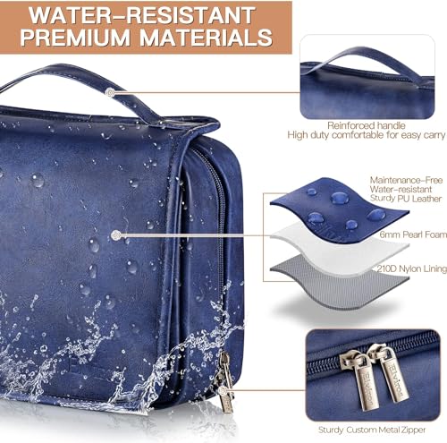 Elviros Hanging Toiletry Bag for Men Travel Essentials 3-in-1 Large Waterproof Dopp Kit PU Leather Shaving Bag with Separate Compartments for Grooming and Toiletries - color: Blue