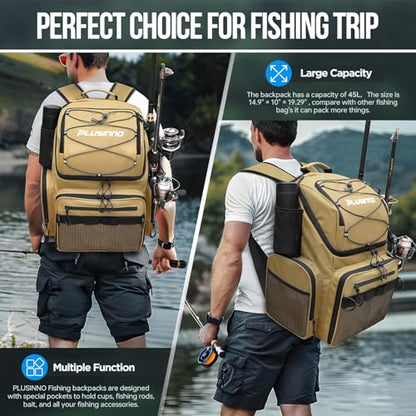 PLUSINNO Cooler Fishing Backpack with Rod Holders 45L Large Water-resistant Fishing Tackle bag Store Fishing Gear Fishing Gifts for Men Father - color: Khaki