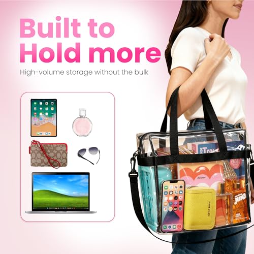 Handy Laundry Clear Bag 12x6x12 Stadium Approved - Transparent Tote Zippered Top & Shoulder Straps for Work, Sports, Concerts - color: Black