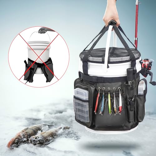 Fishing Bucket Organizer with Bucket Cover Fishing Tackle Bag with Rod & Plier Holder, Multi-Pockets for 5 Gallon Bucket Fishing Gear & Accessories Father Gifts - color: Black