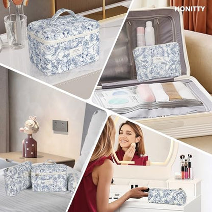 honitty Makeup Bag,Quilted Cosmetic Bags,Large Floral Make Up Organize bag,Makeup Bag Set for Women,Flower Travel Toiletry Bag - color: Blue